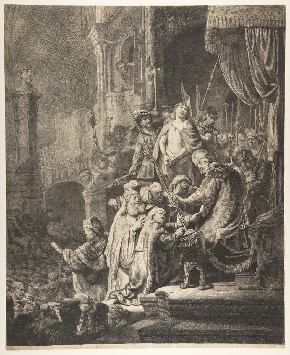 Station 1: Jesus is condemned to death - Rembrandt etching of Christ before Pilate
