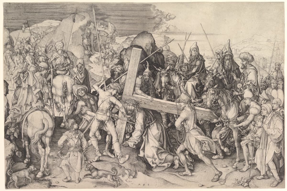 Station 8: Jesus meets the women of Jerusalem - Schongauer engraving of the procession to Golgotha