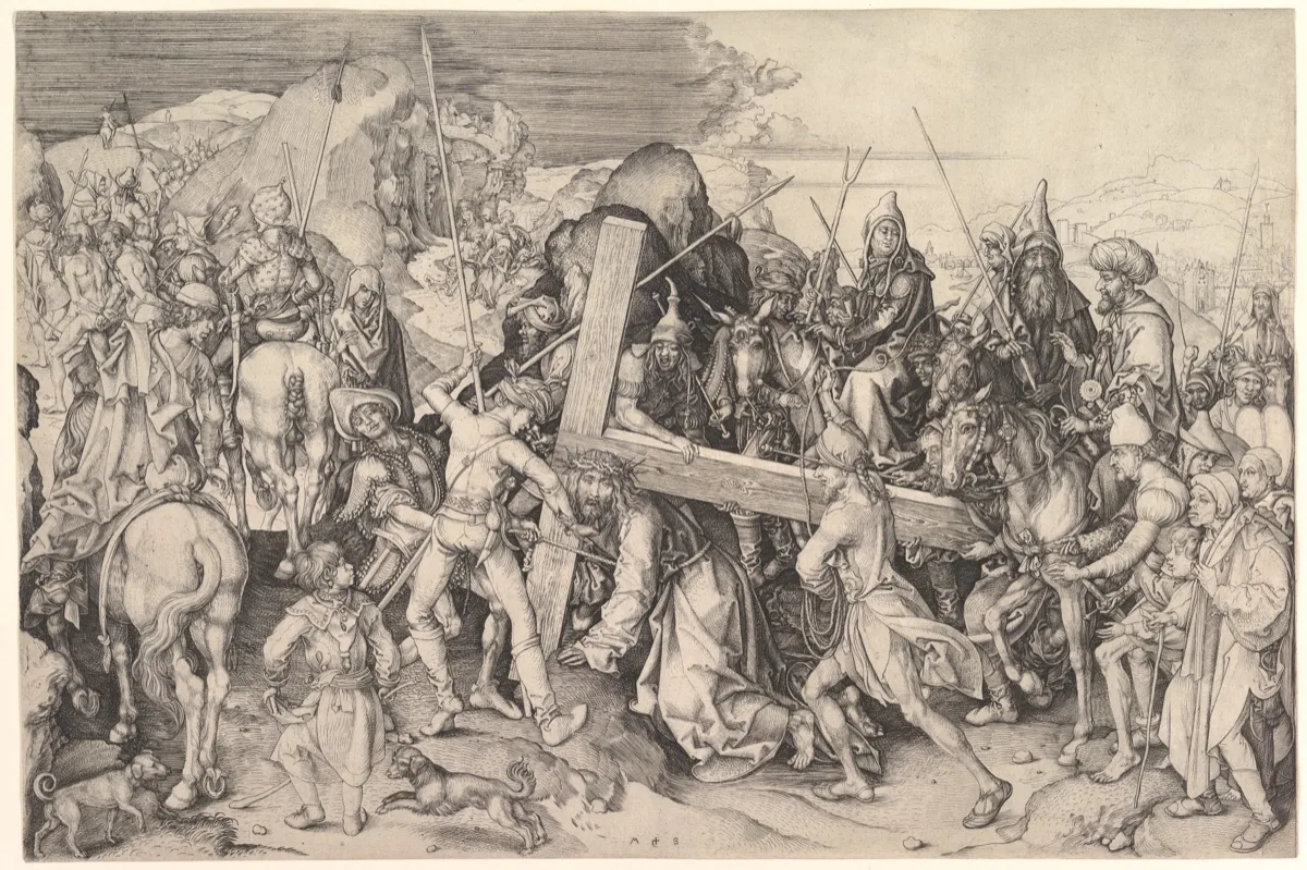 Station 8: Jesus meets the women of Jerusalem - Schongauer engraving of the procession to Golgotha
